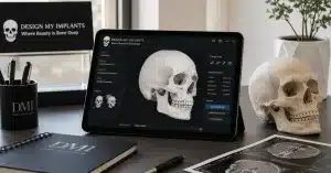 A 3D digital facial implant design displayed on a tablet next to an anatomical skull model and CT scan, representing the custom engineering behind PEEK facial implants