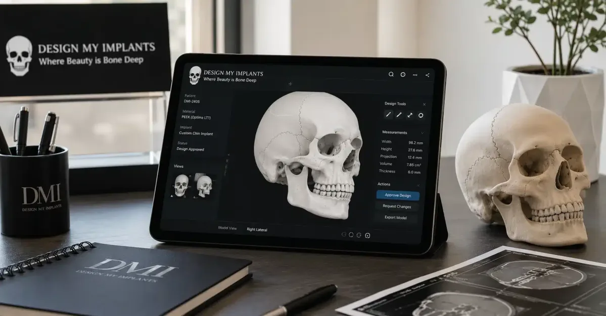 Featured How Much Do Custom PEEK Facial Implants Really Cost A 3D digital facial implant design displayed on a tablet next to an anatomical skull model and CT scan, representing the custom engineering behind PEEK facial implants