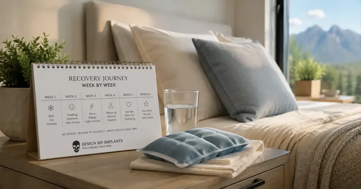 Recovery-week calendar and bedside care items for chin and jaw implant surgery recovery timeline
